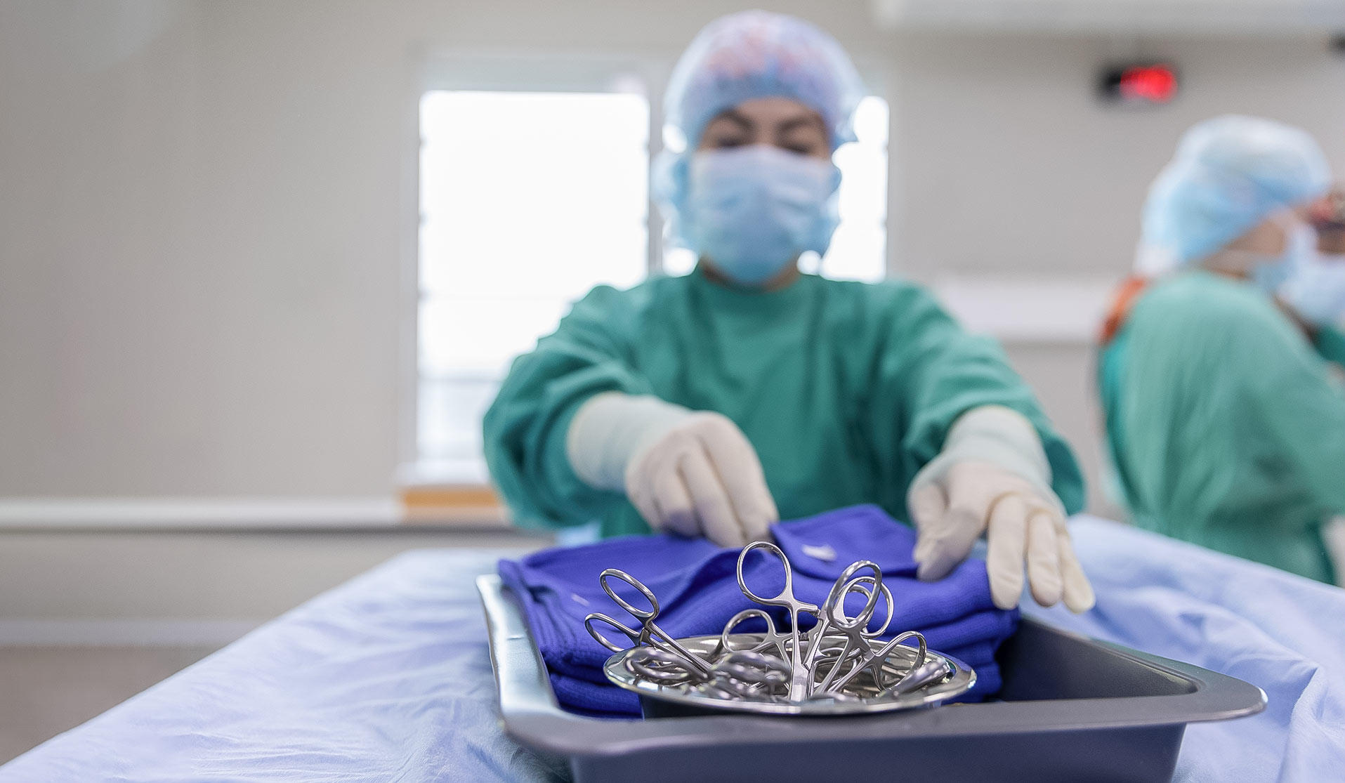 Veterinarian using medical scissors before a surgery