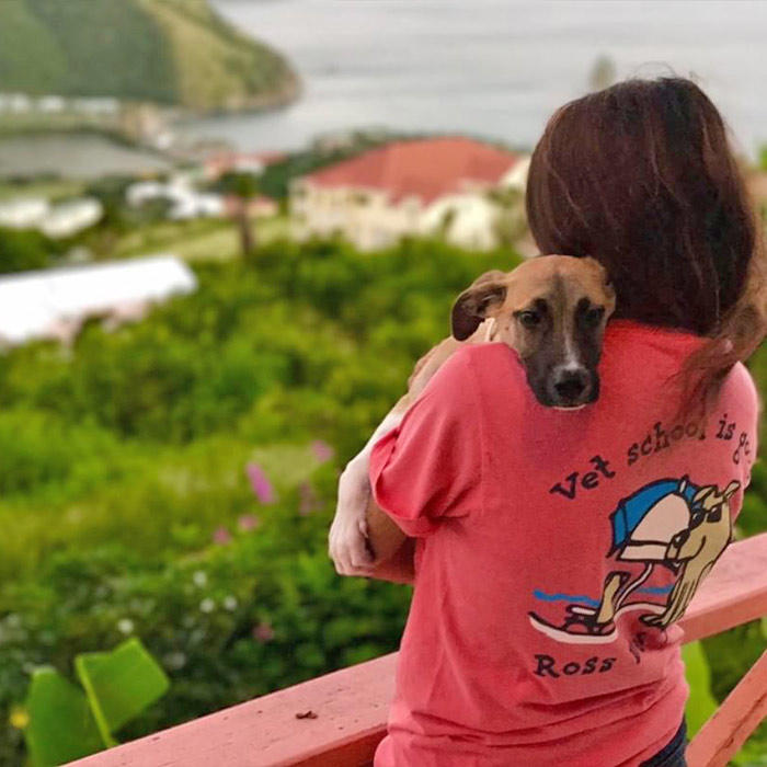 Veterinarian student holding a dog on the island of St. Kitts