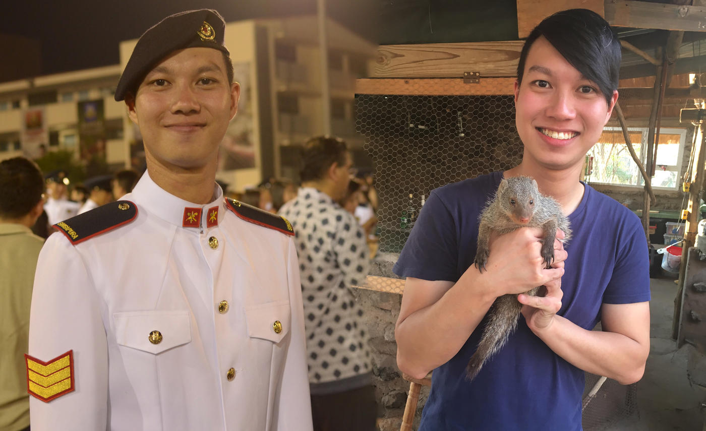 A young man in military uniform on the left, then in a t-shirt and holding an animal on the right.