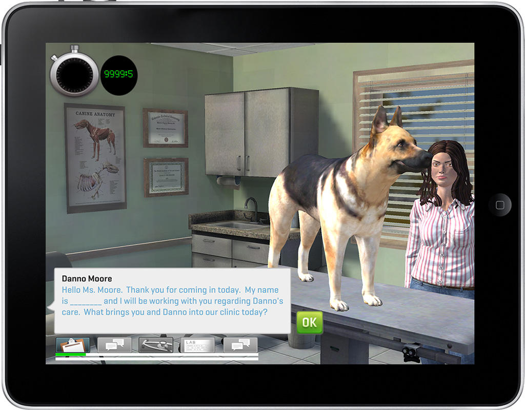 Screen shot of computerized veterinarian room with a woman standing next to a dog on an exam table