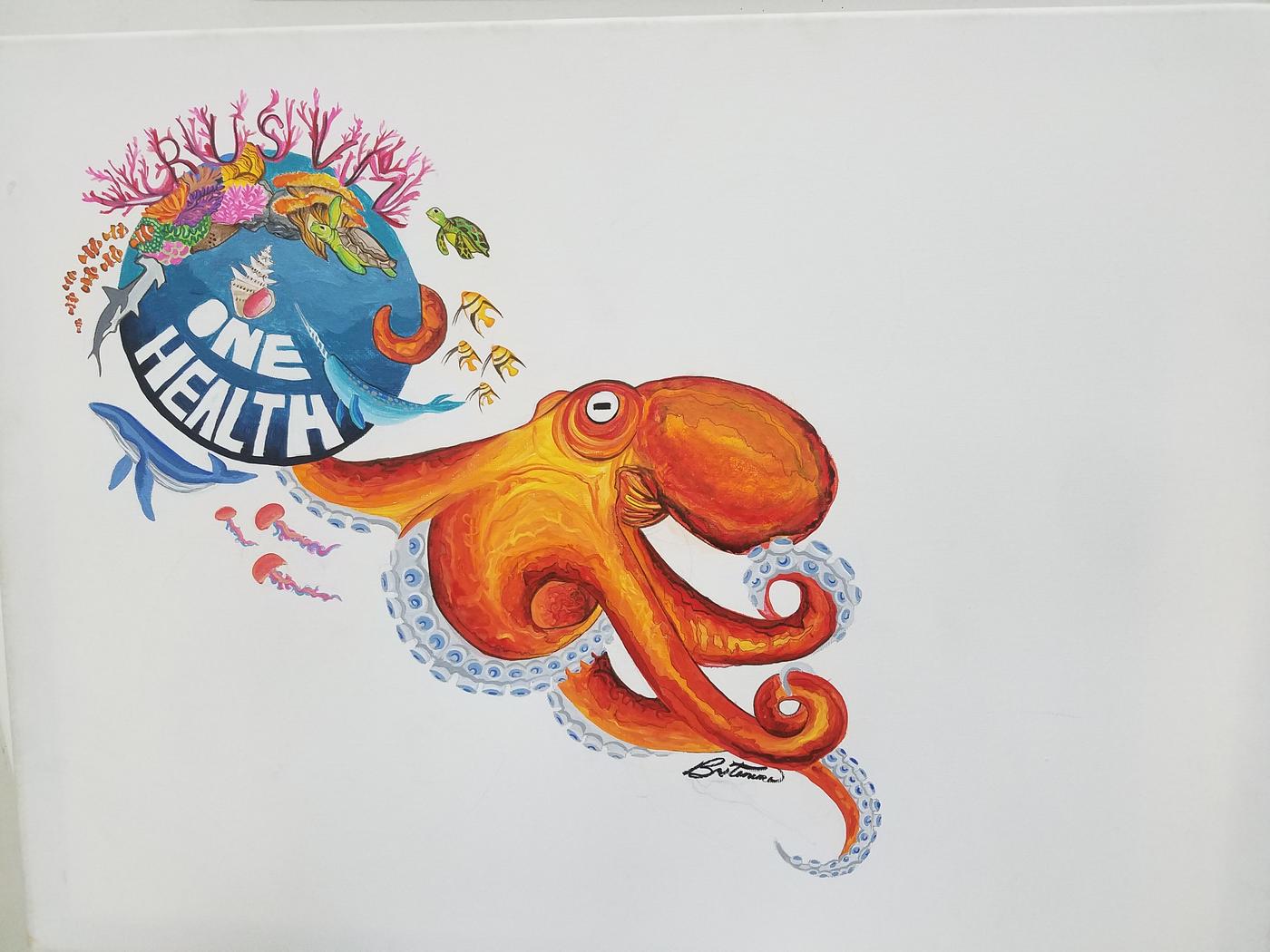 Art piece of octopus holding a globe with multiple sea creature species swimming around it with the words reading "One Health"