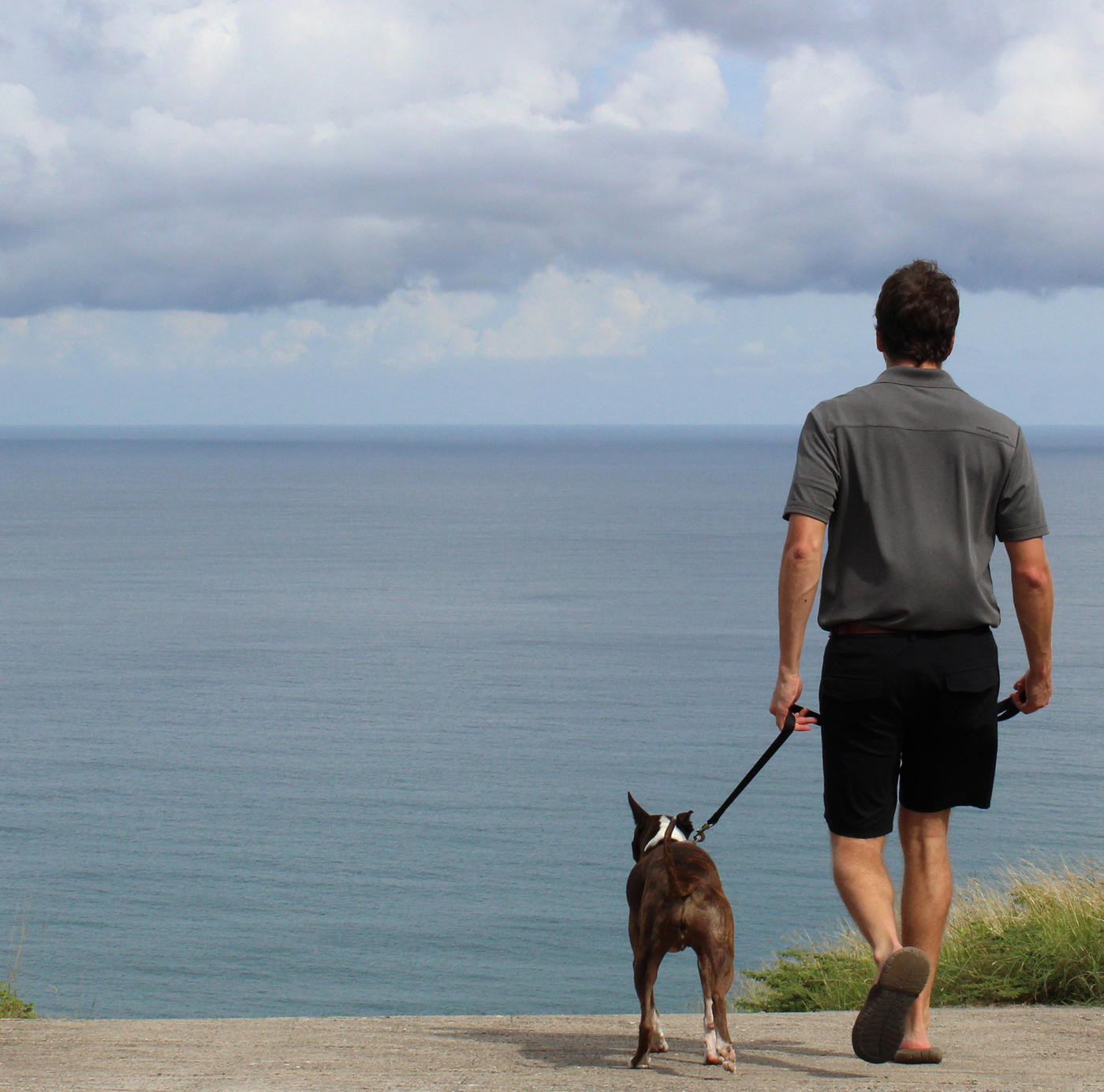 Man walking a dog on a leash toward the ocean